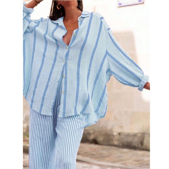 Blue Striped Oversized Button Down Shirt Long Sleeve - Picture 4 of 7